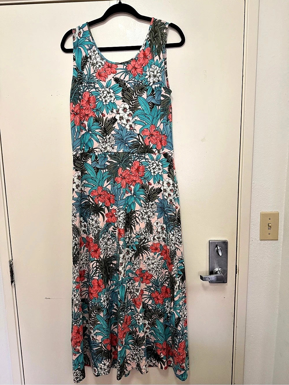 Talbots Jersey Maxi Dress, Large, Tropical Floral Blue & Pink